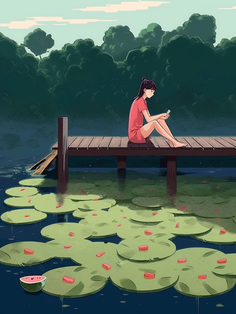 绿色池塘边在看书的一位小女孩背景,插画/手绘图,插画/手绘图库,插画/手绘图下载,插画/手绘